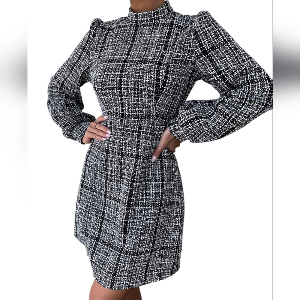 SHEIN Monochrome Checkered Tweed Long Sleeve Dress